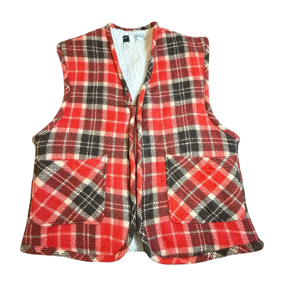 VTG 80s WilliWear Sport Vest Womens M Red Plaid Wool Blend Sherpa Lined Full Zip